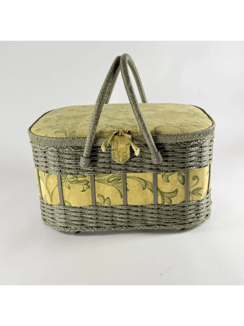 Vintage Wicker Sewing Basket W/Tray Handles & Lid Green/Yellow Floral Fabric